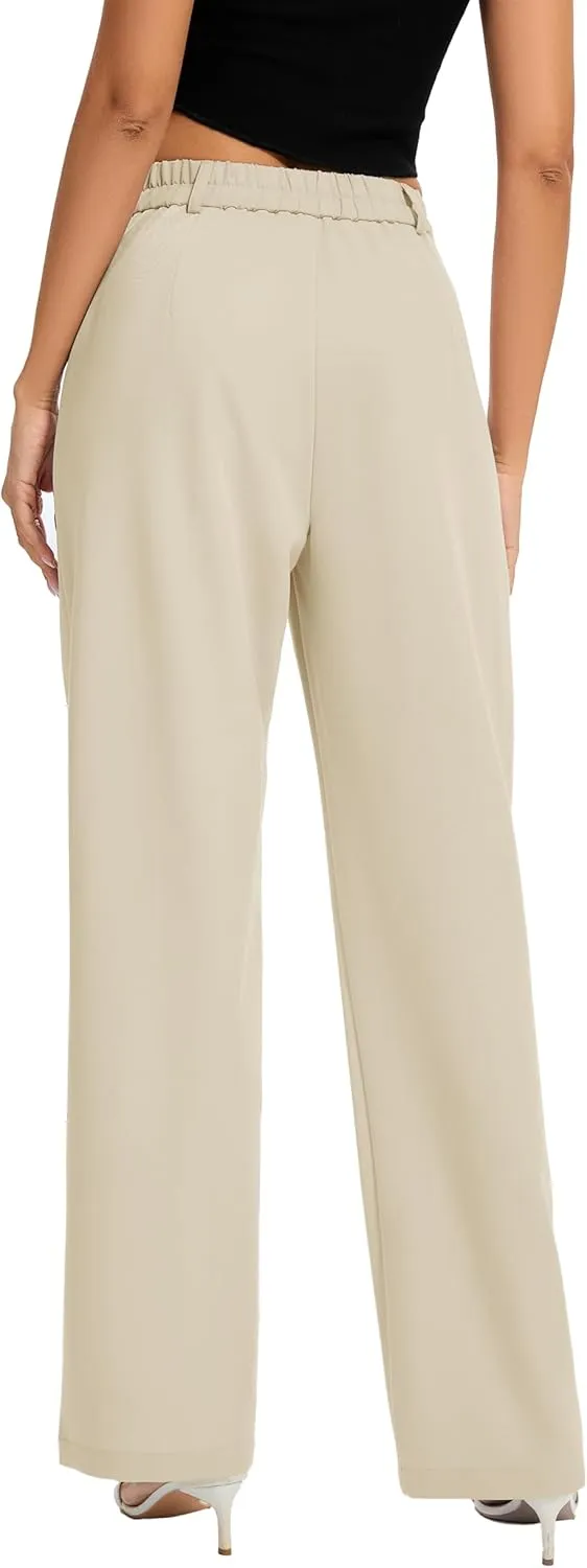 FUNYYZO Women Long Dress Pants High Waisted Work Pants Dressy Casual Straight Leg Elastic Waist Trousers