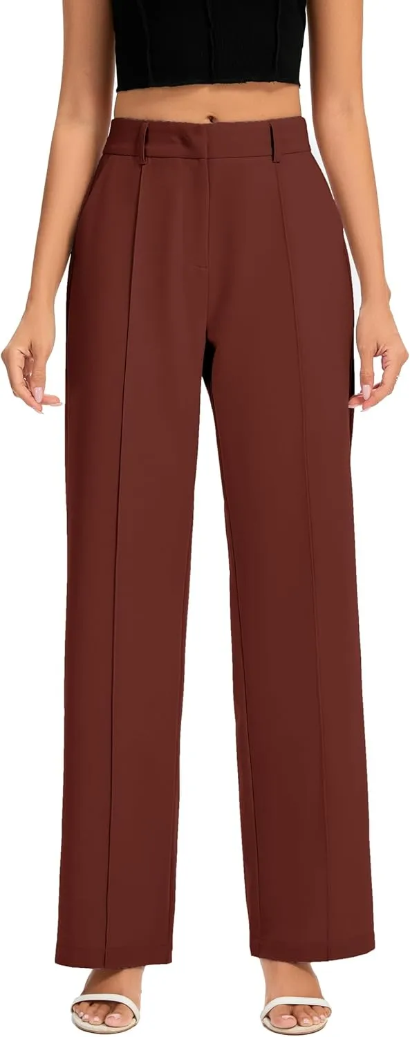 FUNYYZO Women Long Dress Pants High Waisted Work Pants Dressy Casual Straight Leg Elastic Waist Trousers