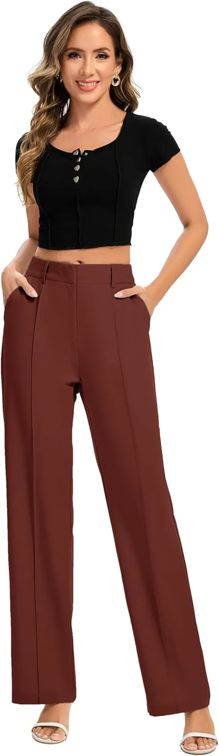 FUNYYZO Women Long Dress Pants High Waisted Work Pants Dressy Casual Straight Leg Elastic Waist Trousers