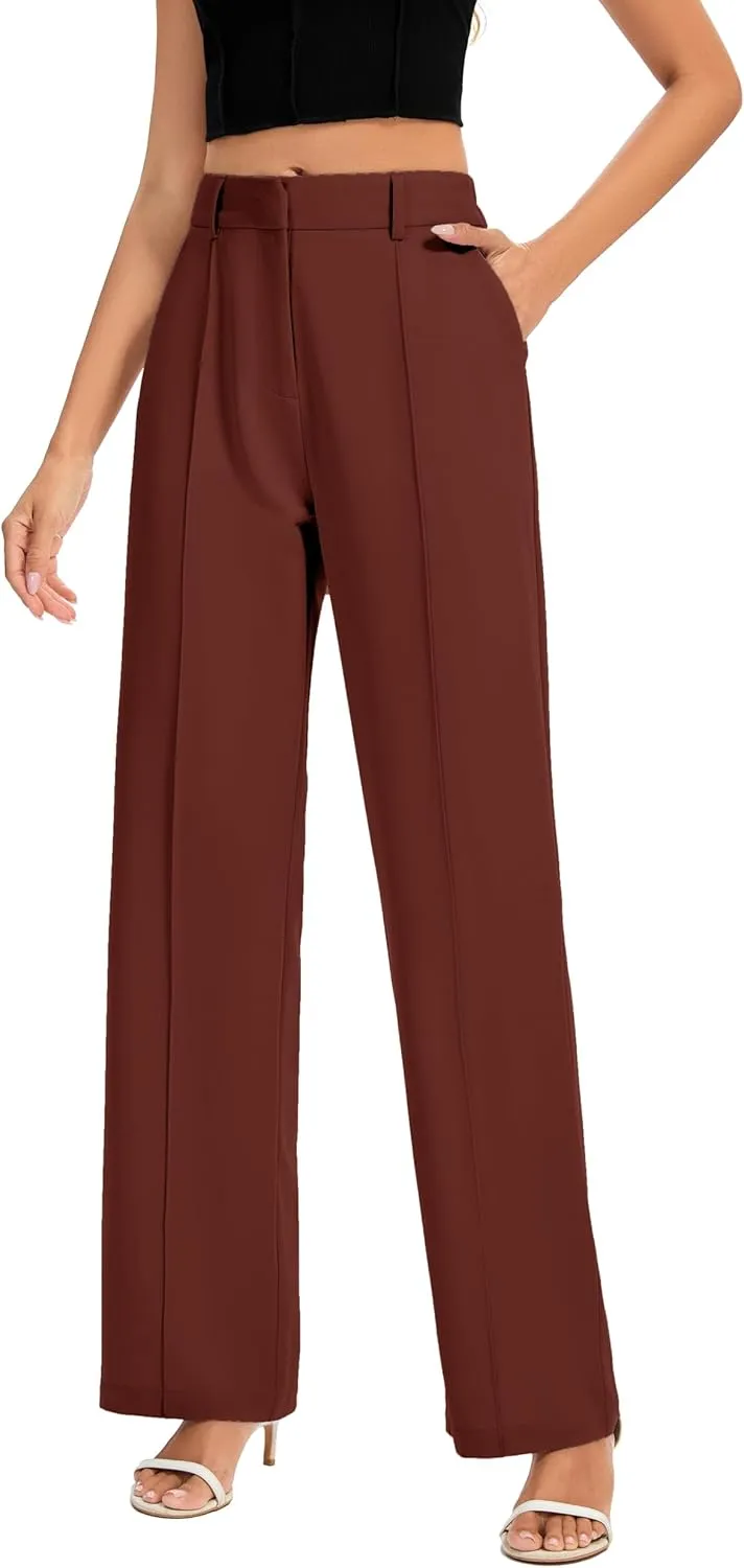FUNYYZO Women Long Dress Pants High Waisted Work Pants Dressy Casual Straight Leg Elastic Waist Trousers
