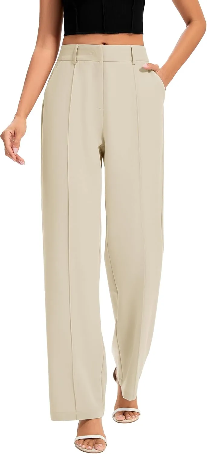 FUNYYZO Women Long Dress Pants High Waisted Work Pants Dressy Casual Straight Leg Elastic Waist Trousers