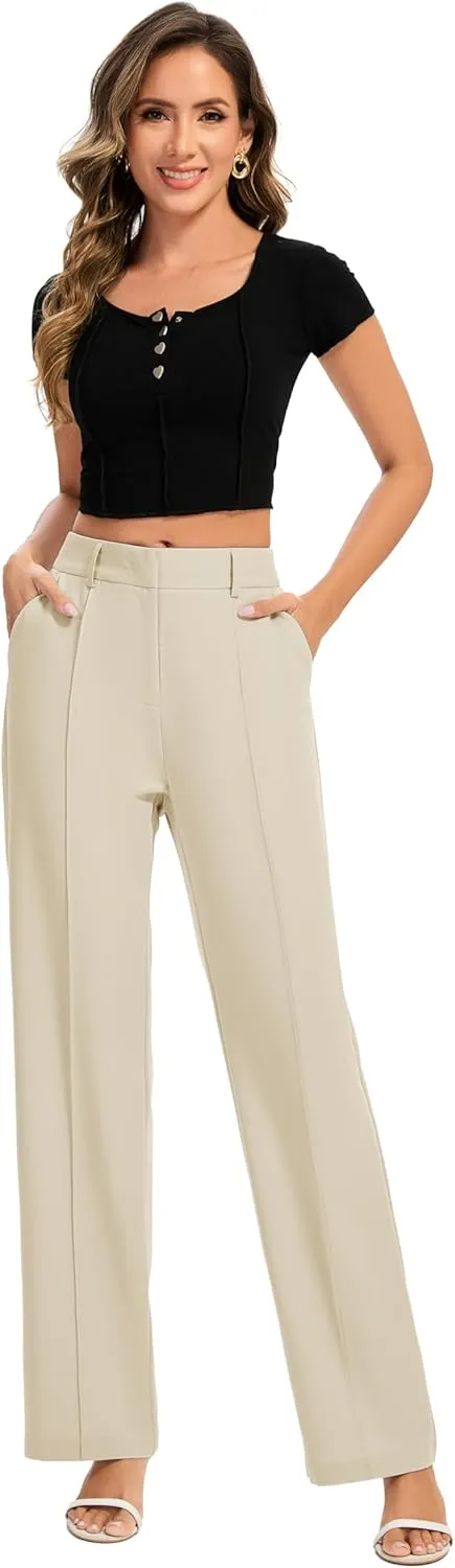 FUNYYZO Women Long Dress Pants High Waisted Work Pants Dressy Casual Straight Leg Elastic Waist Trousers