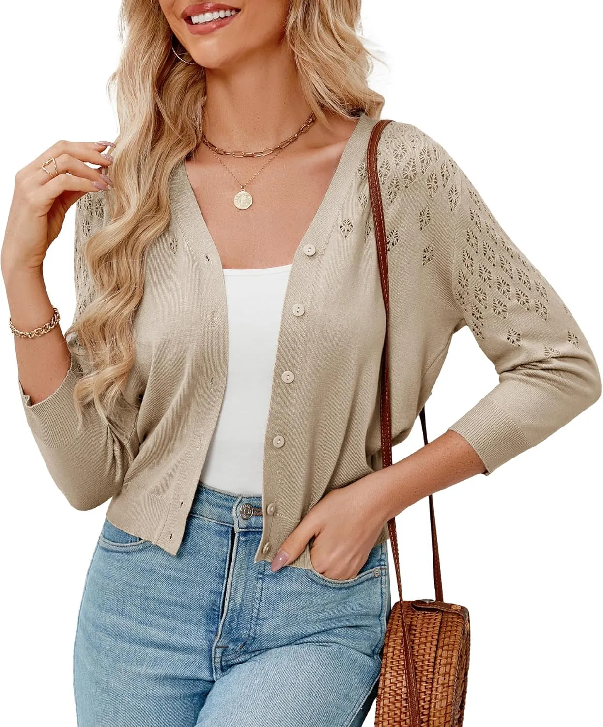 Genhoo Women's Cropped Cardigan 3/4 Sleeve Button Down Knit Bolero Shrug Open Front Lightweight Hollowed-Out Sweater Tops
