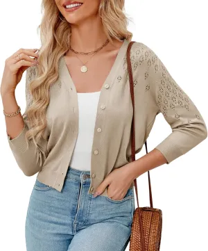 Genhoo Women's Cropped Cardigan 3/4 Sleeve Button Down Knit Bolero Shrug Open Front Lightweight Hollowed-Out Sweater Tops