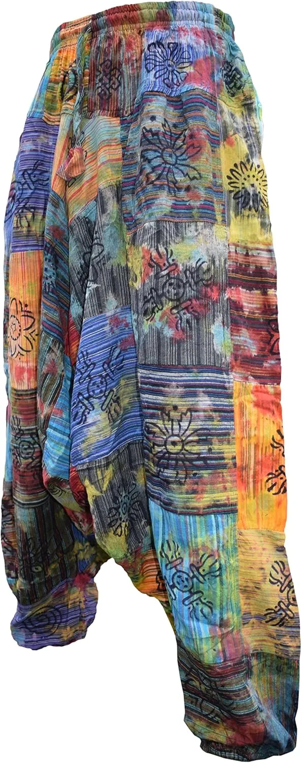Gheri Men's Multicolored Patchwork Elastic Waist Harem Genie Pants Trousers