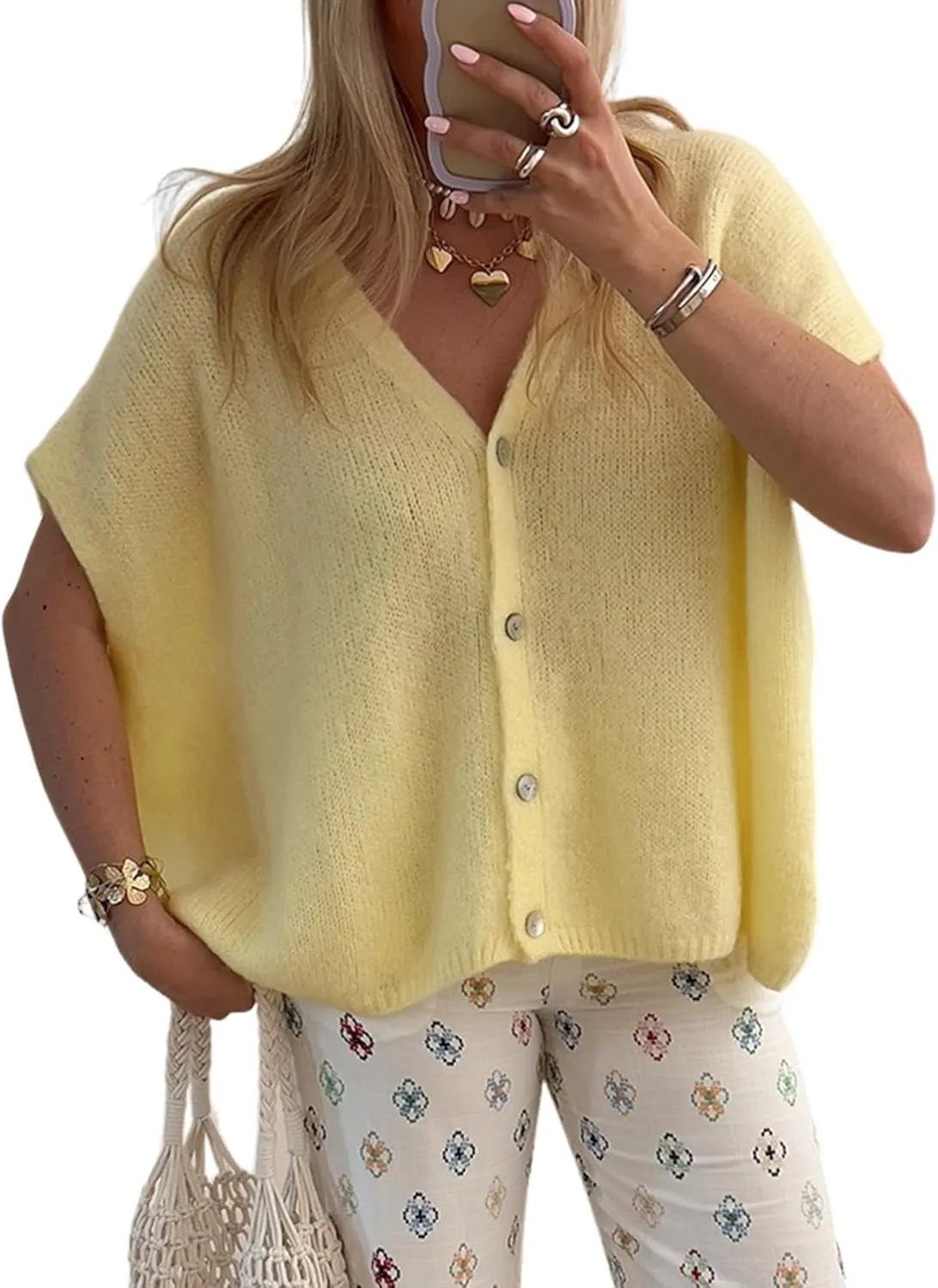 Gihuo Women's Short Sleeve Sweater Cardigan Y2K Button Down Ribbed Knit Sweaters V Neck Oversized Going Out Tops