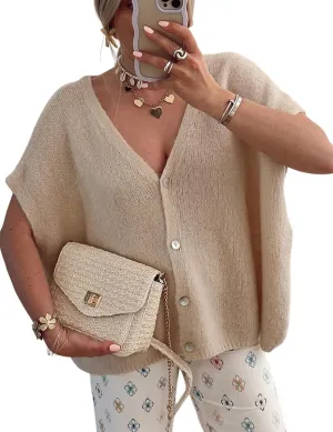 Gihuo Women's Short Sleeve Sweater Cardigan Y2K Button Down Ribbed Knit Sweaters V Neck Oversized Going Out Tops