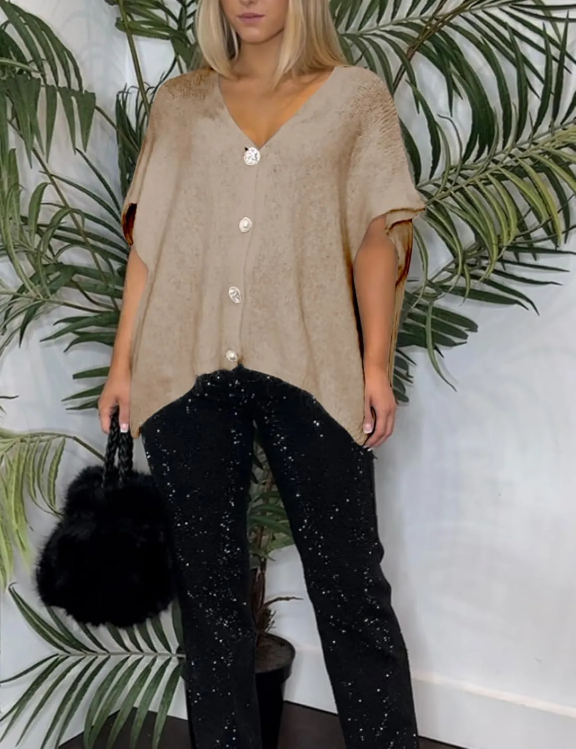 Gihuo Women's Short Sleeve Sweater Cardigan Y2K Button Down Ribbed Knit Sweaters V Neck Oversized Going Out Tops