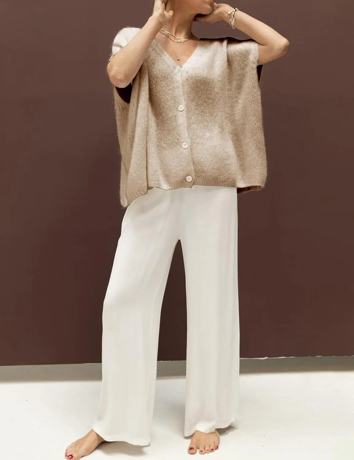 Gihuo Women's Short Sleeve Sweater Cardigan Y2K Button Down Ribbed Knit Sweaters V Neck Oversized Going Out Tops