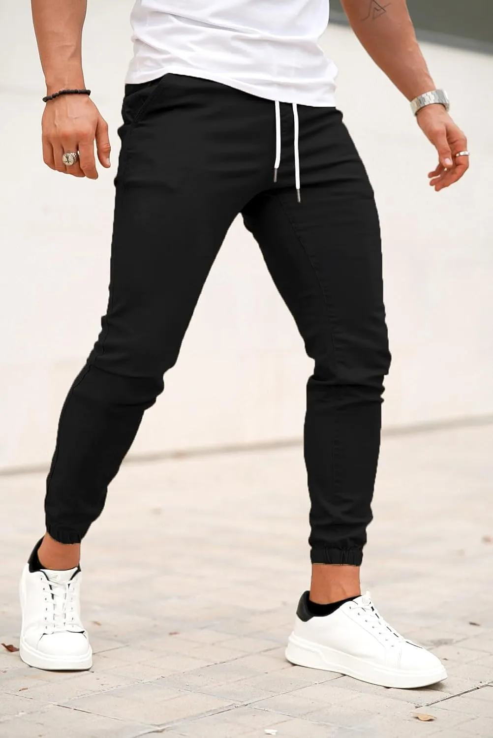 GINGTTO Mens Slim Fit Joggers Short Length Fitted Stretch Pants Elastic Waist Drawstring Tapered Leg