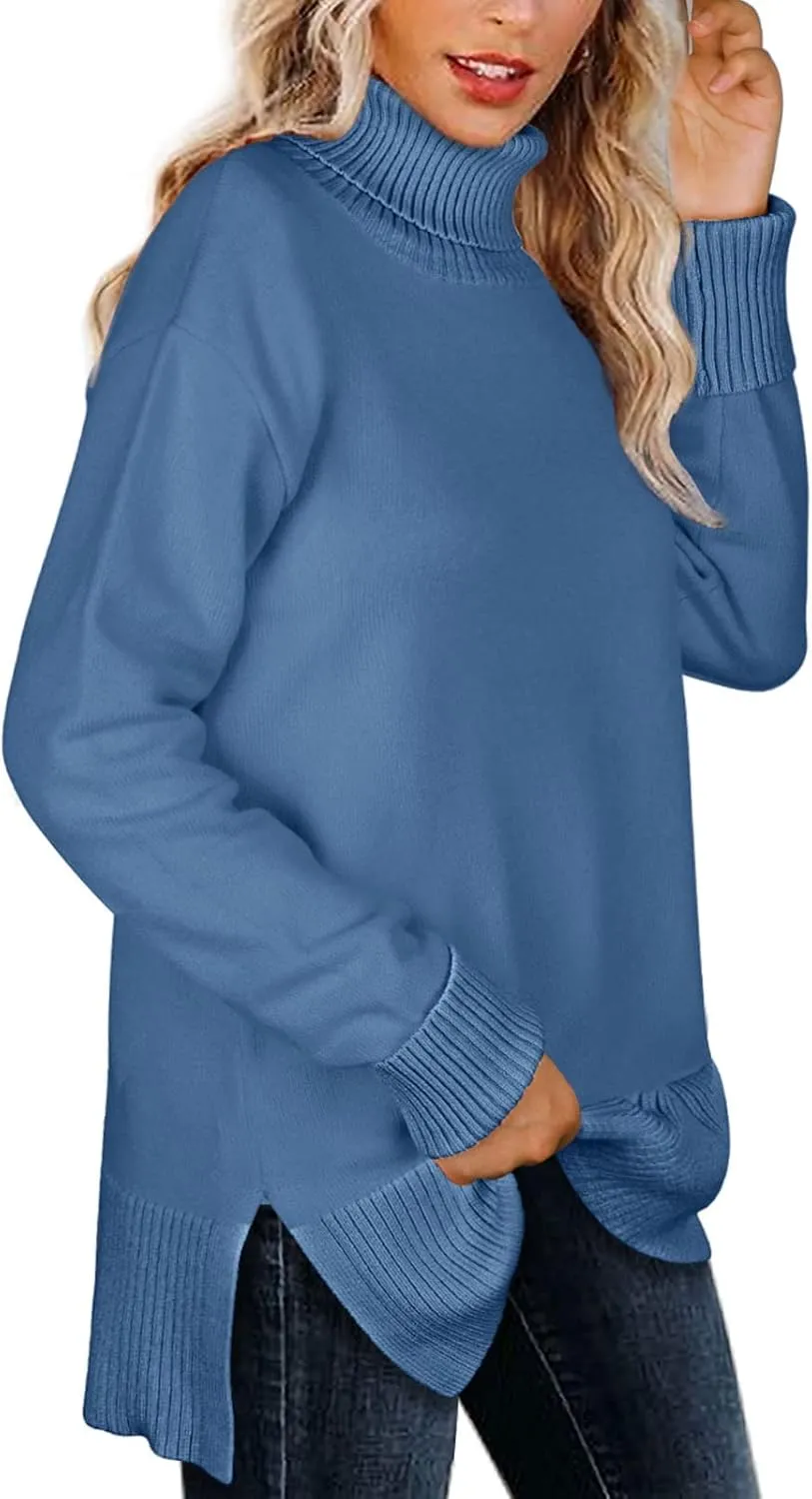 Glanzition Sweaters for Women Turtleneck Side Split Oversized Pullover Tops