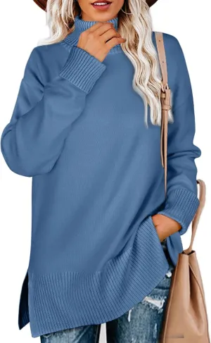 Glanzition Sweaters for Women Turtleneck Side Split Oversized Pullover Tops