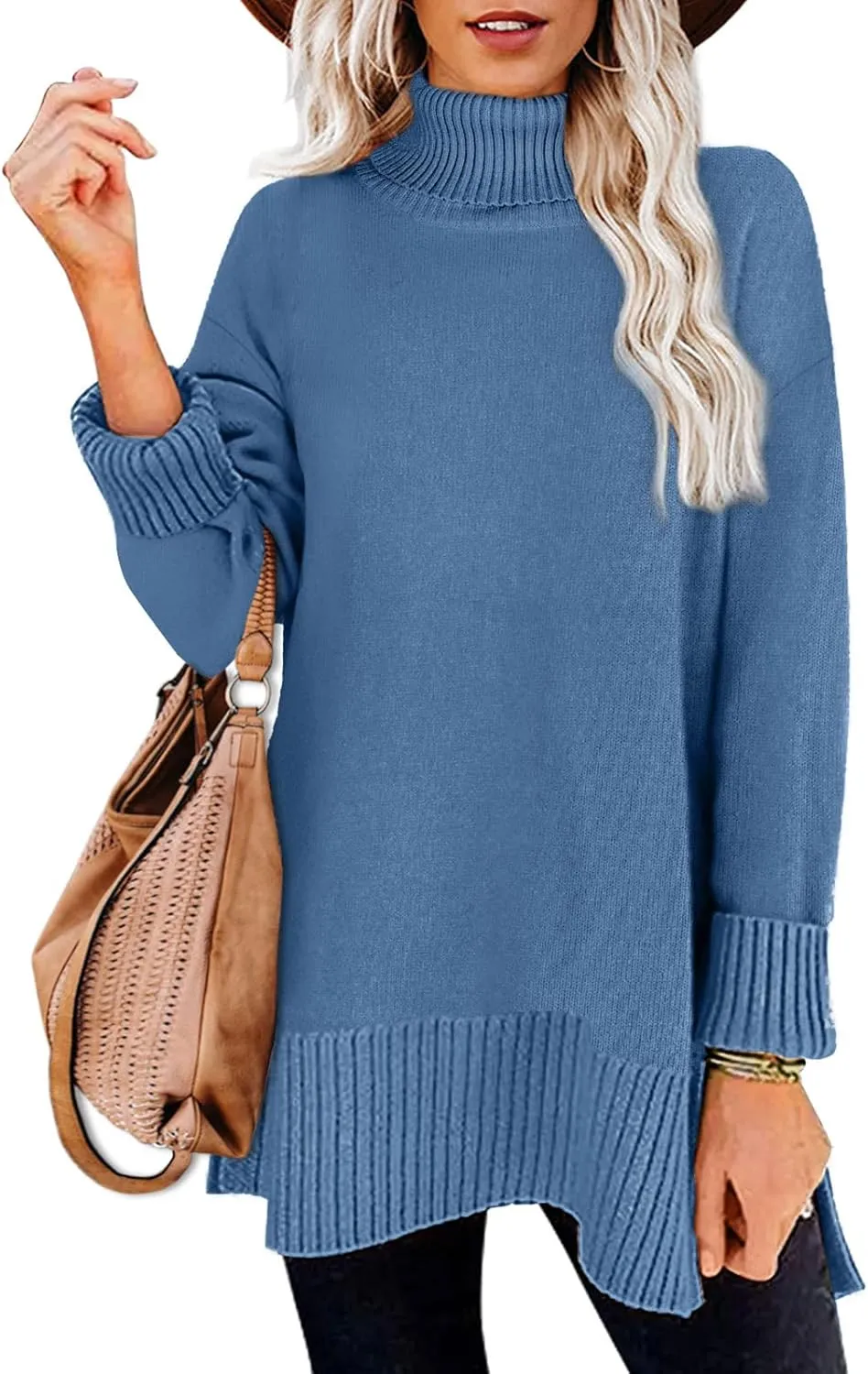 Glanzition Sweaters for Women Turtleneck Side Split Oversized Pullover Tops