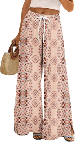 GOFULY Wide Leg Pants Women High Waisted Fall Floral Print Beach Pants Drawstring Elastic Waist Side Slit Pockets Trousers