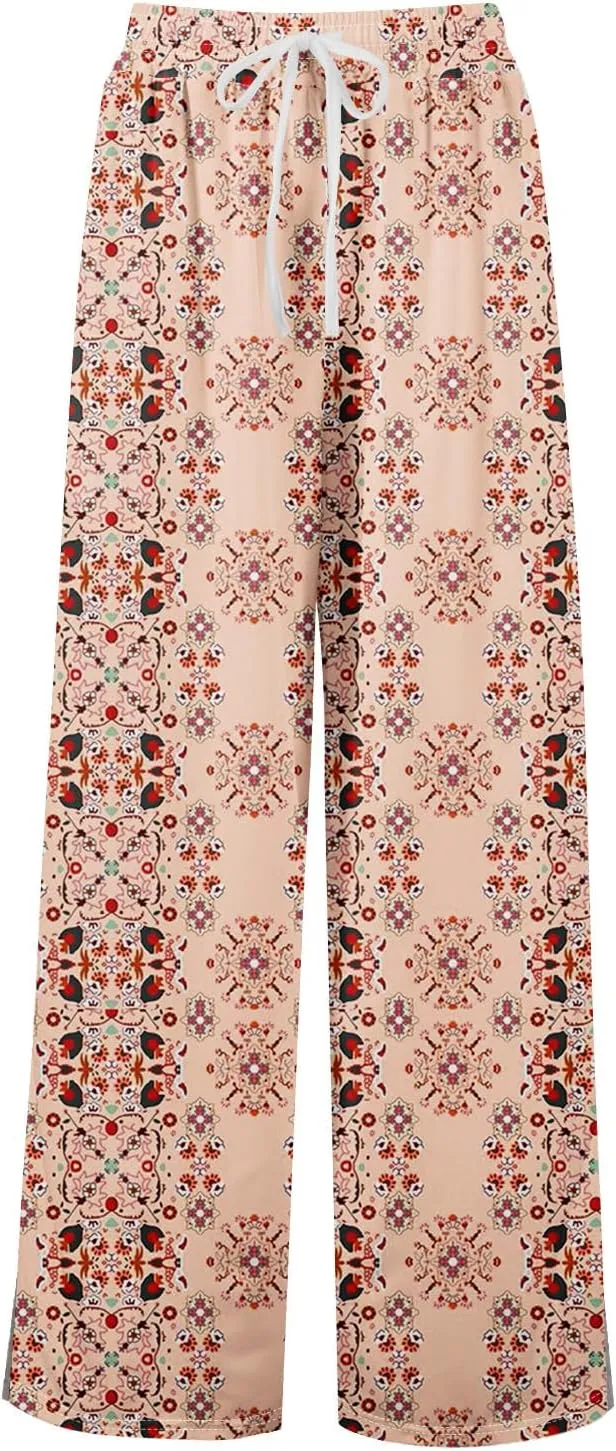 GOFULY Wide Leg Pants Women High Waisted Fall Floral Print Beach Pants Drawstring Elastic Waist Side Slit Pockets Trousers