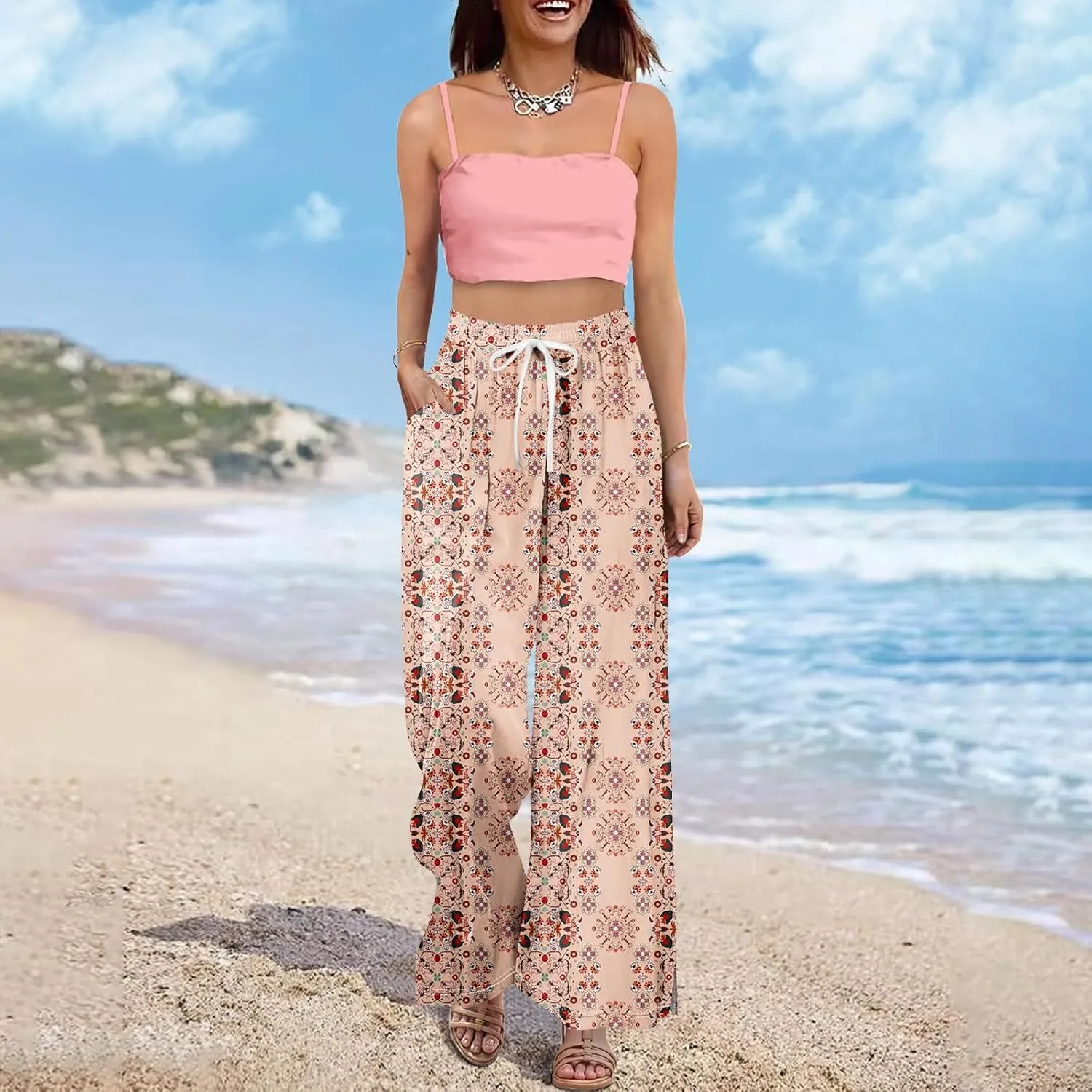 GOFULY Wide Leg Pants Women High Waisted Fall Floral Print Beach Pants Drawstring Elastic Waist Side Slit Pockets Trousers