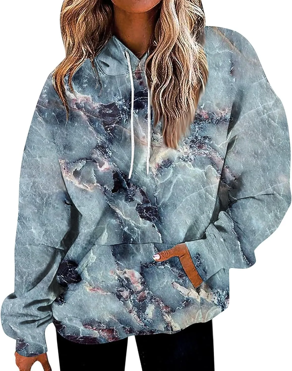 GOFULY Women Sweatshirt Fall Marble Print Hoodies Lightweight Winter Sweatshirt Long Sleeve Drawstring Pullover With Pocket