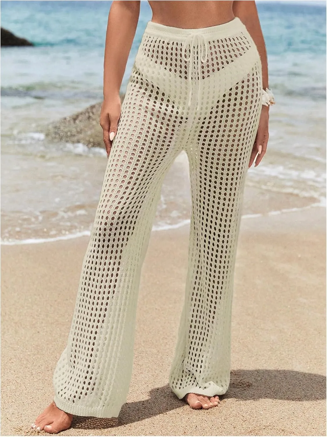GORGLITTER Women's Crochet Cover Up Pants Hollow Out Elastic Waist Beach Pants