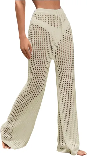 GORGLITTER Women's Crochet Cover Up Pants Hollow Out Elastic Waist Beach Pants