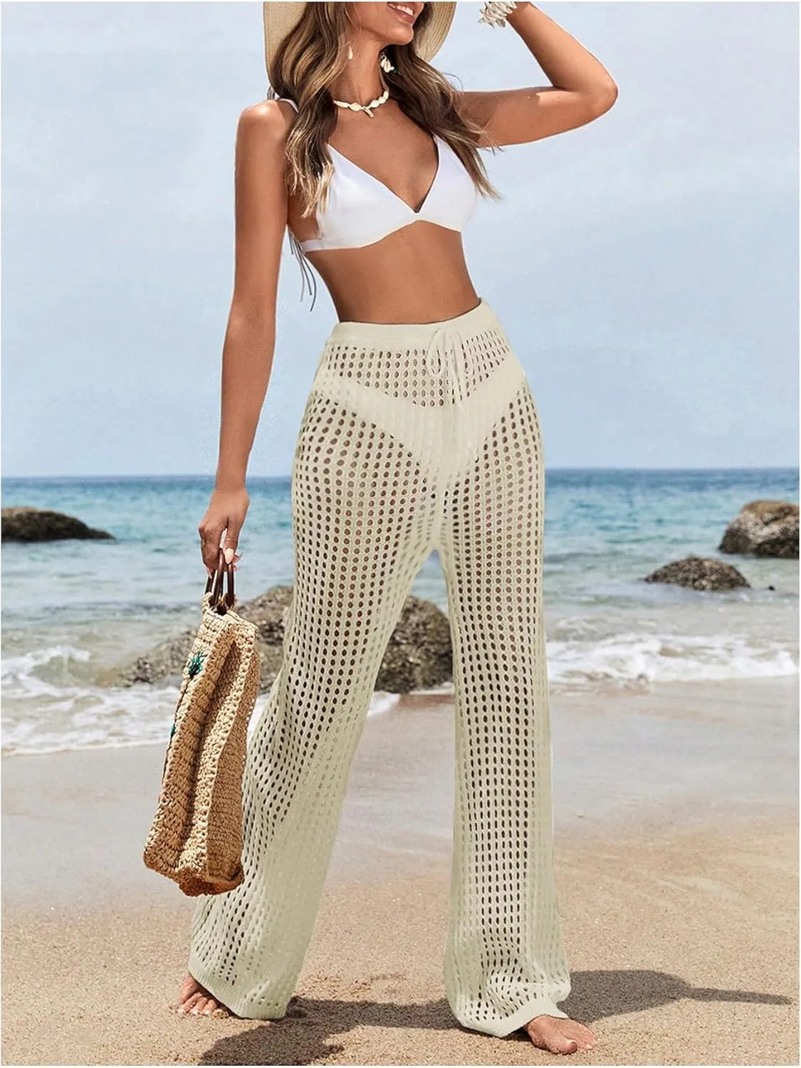 GORGLITTER Women's Crochet Cover Up Pants Hollow Out Elastic Waist Beach Pants