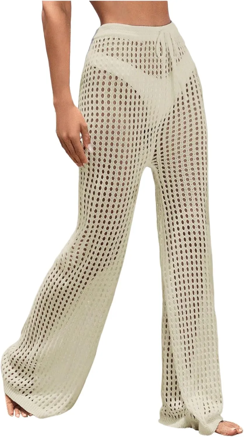 GORGLITTER Women's Crochet Cover Up Pants Hollow Out Elastic Waist Beach Pants