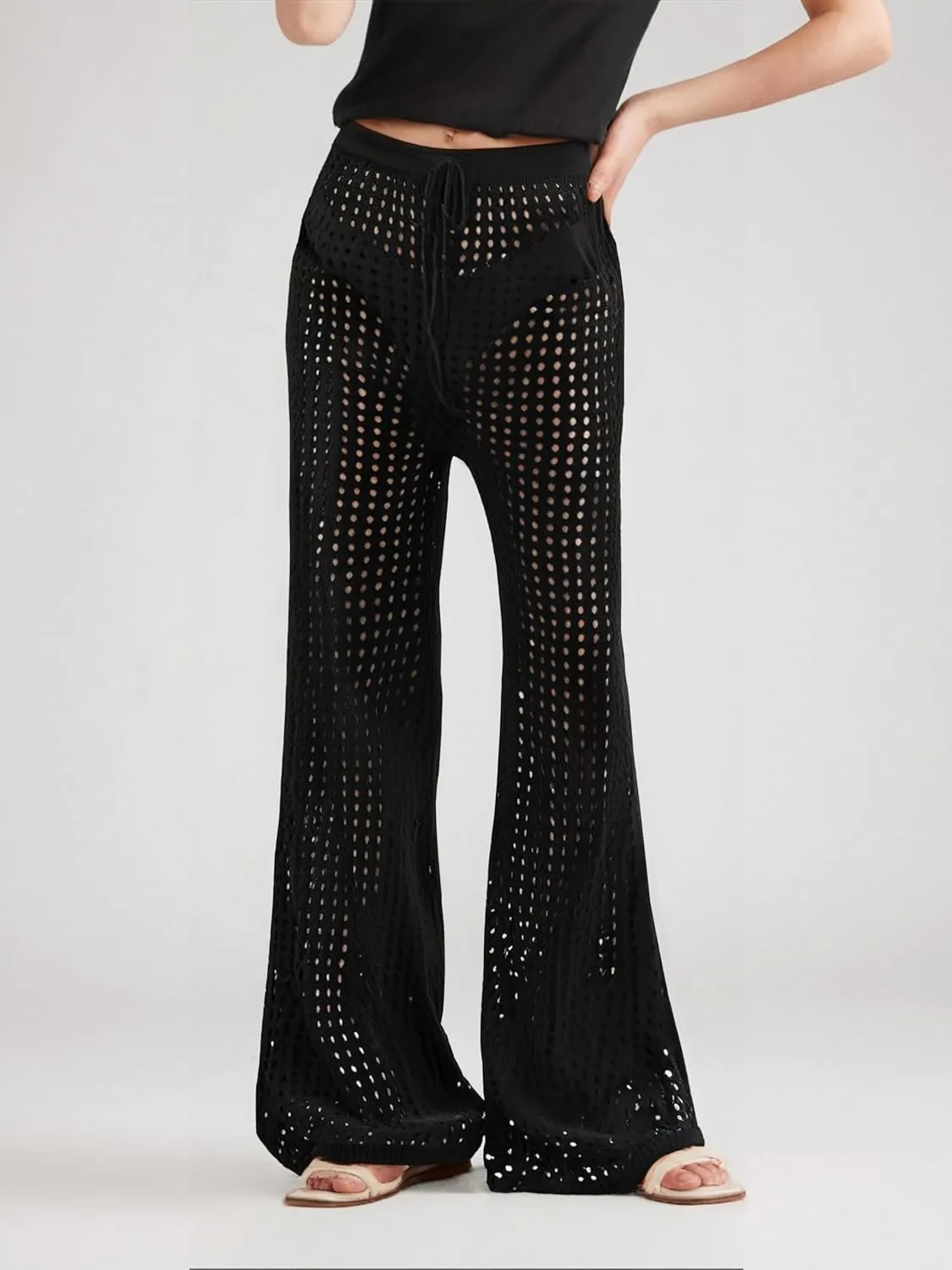 GORGLITTER Women's Crochet Cover Up Pants Hollow Out Elastic Waist Beach Pants