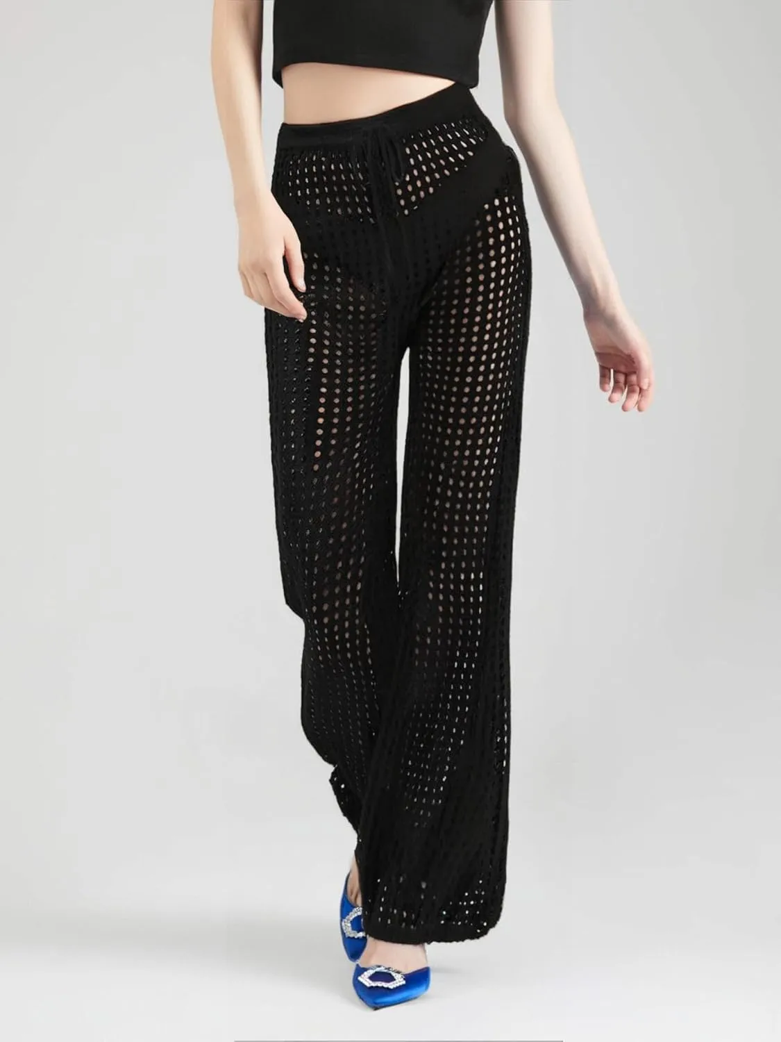 GORGLITTER Women's Crochet Cover Up Pants Hollow Out Elastic Waist Beach Pants