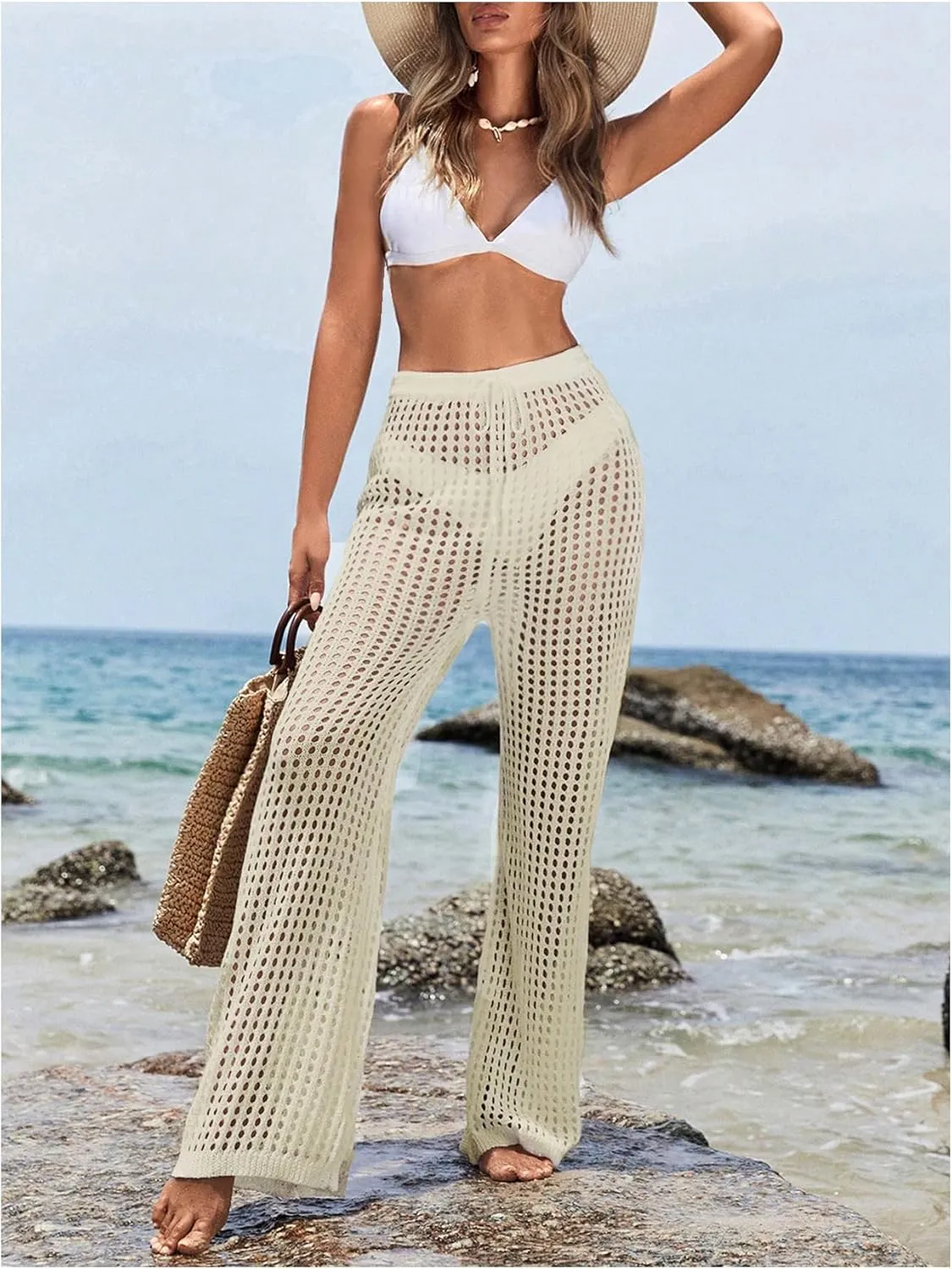 GORGLITTER Women's Crochet Cover Up Pants Hollow Out Elastic Waist Beach Pants