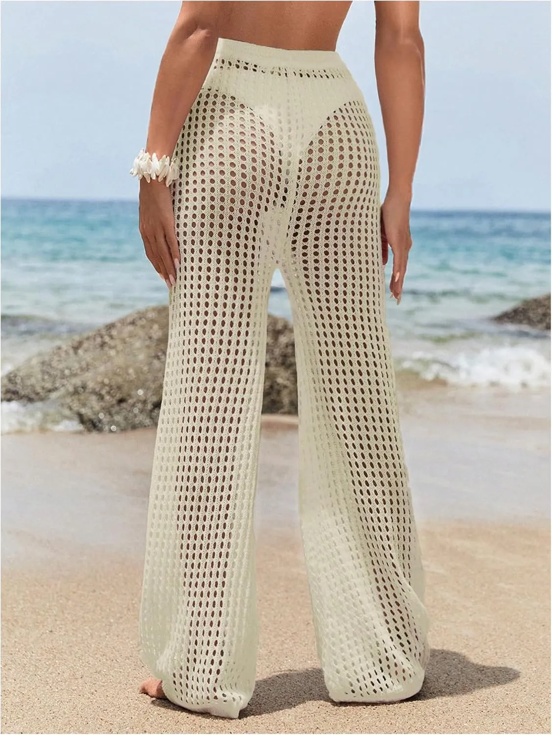 GORGLITTER Women's Crochet Cover Up Pants Hollow Out Elastic Waist Beach Pants