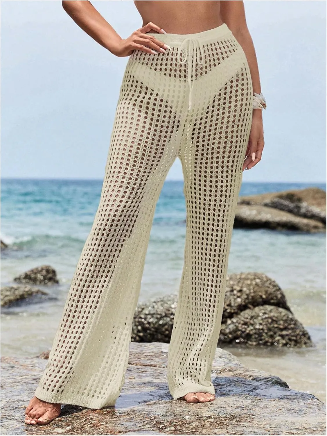 GORGLITTER Women's Crochet Cover Up Pants Hollow Out Elastic Waist Beach Pants