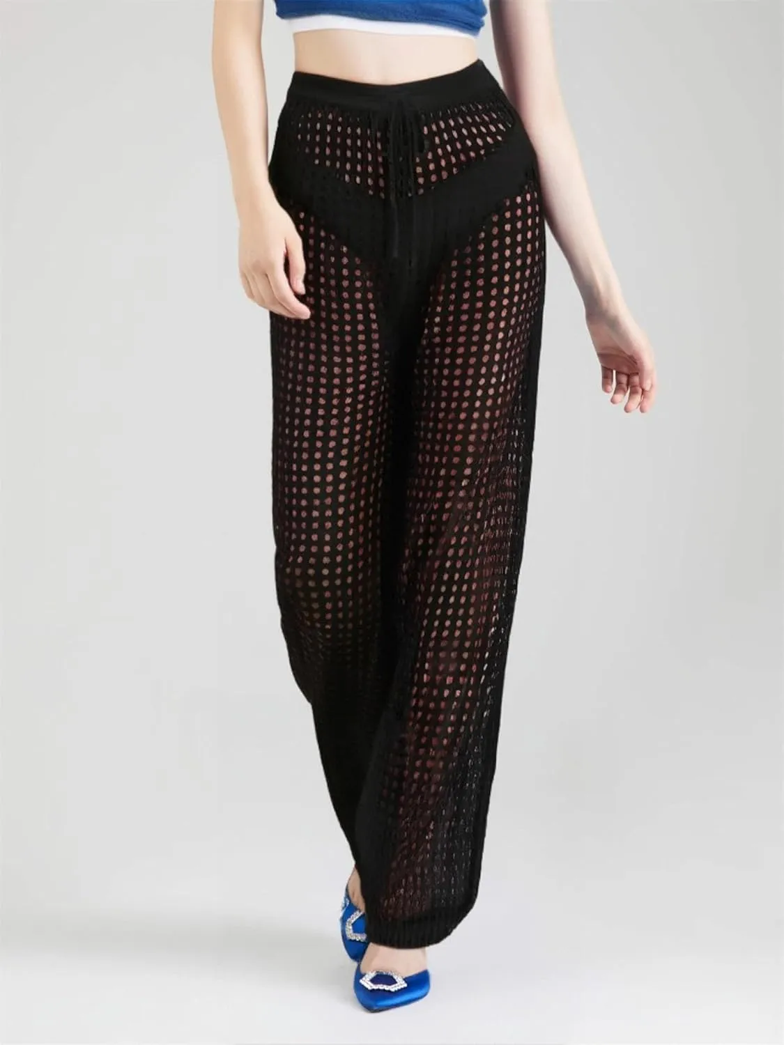 GORGLITTER Women's Crochet Cover Up Pants Hollow Out Elastic Waist Beach Pants