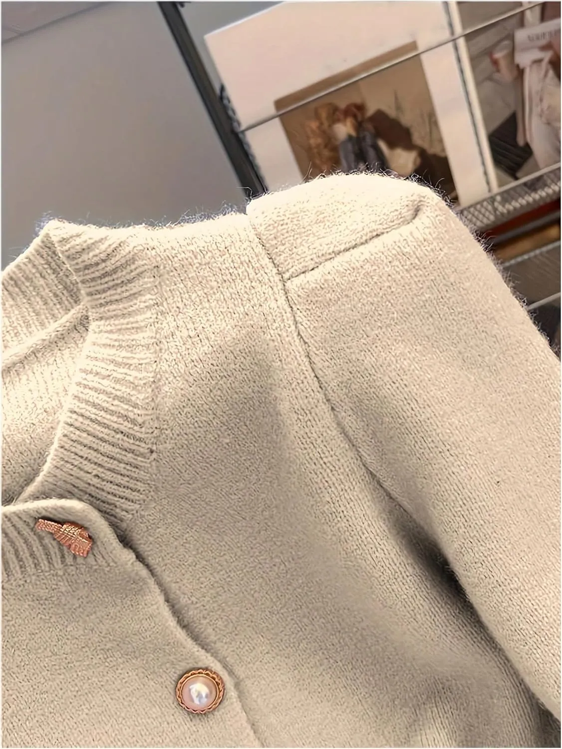 GORGLITTER Women's Pearl Cardigan Sweaters Long Sleeve Metallic Button Sweater Knit Tops