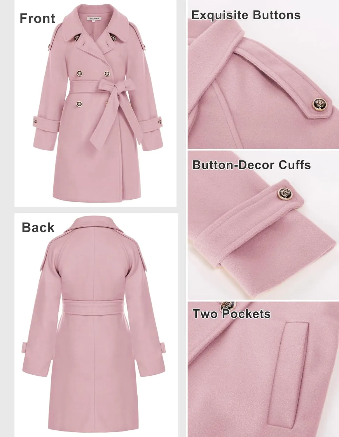 GRACE KARIN Girls Dress Coat Lapel Blend Winter Kids Jackets Coat Size 5-12