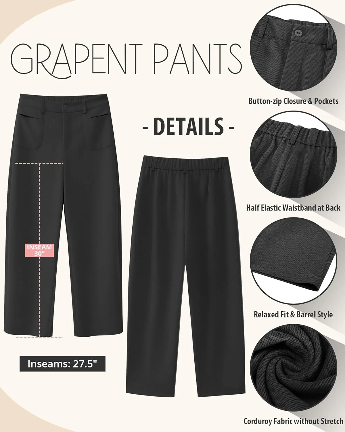 GRAPENT Barrel Pants for Women High Waisted Corduroy Elastic Waist Trendy Loose Casual Fall Trousers Pants with Pockets