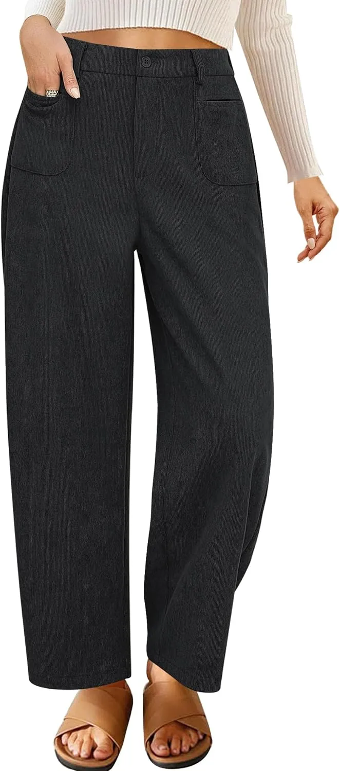 GRAPENT Barrel Pants for Women High Waisted Corduroy Elastic Waist Trendy Loose Casual Fall Trousers Pants with Pockets