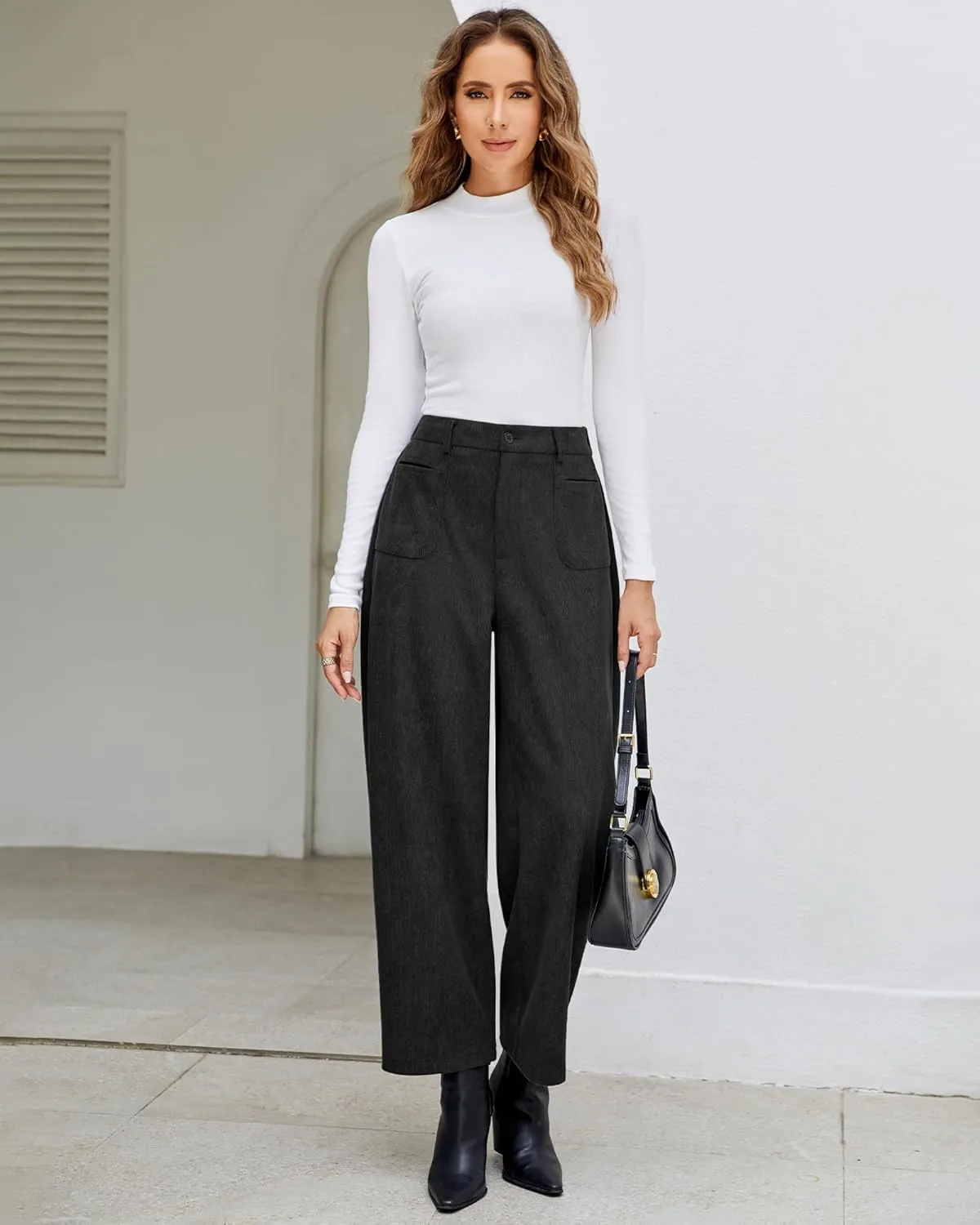 GRAPENT Barrel Pants for Women High Waisted Corduroy Elastic Waist Trendy Loose Casual Fall Trousers Pants with Pockets