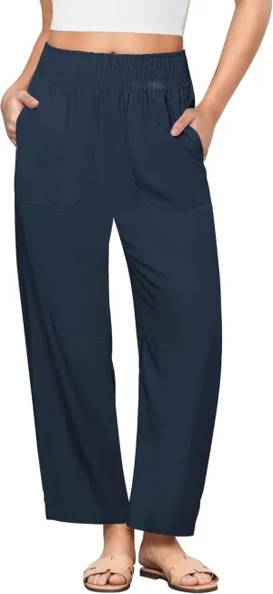 GRAPENT Linen Pants Women Wide Leg High Waisted Cropped Barrel Pull On Smocked Elastic Waist Summer Pants with Pockets