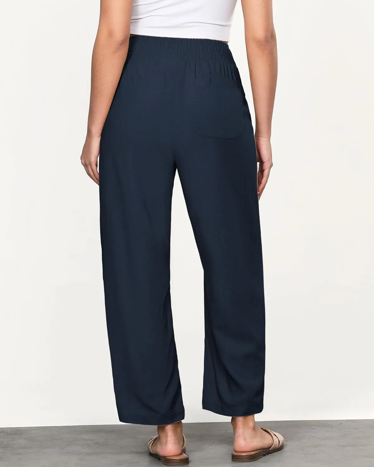 GRAPENT Linen Pants Women Wide Leg High Waisted Cropped Barrel Pull On Smocked Elastic Waist Summer Pants with Pockets