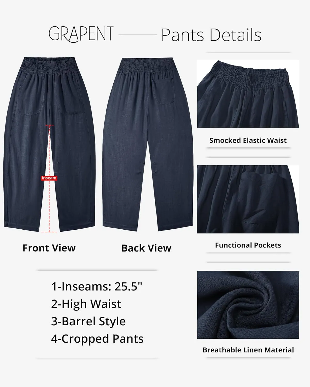 GRAPENT Linen Pants Women Wide Leg High Waisted Cropped Barrel Pull On Smocked Elastic Waist Summer Pants with Pockets