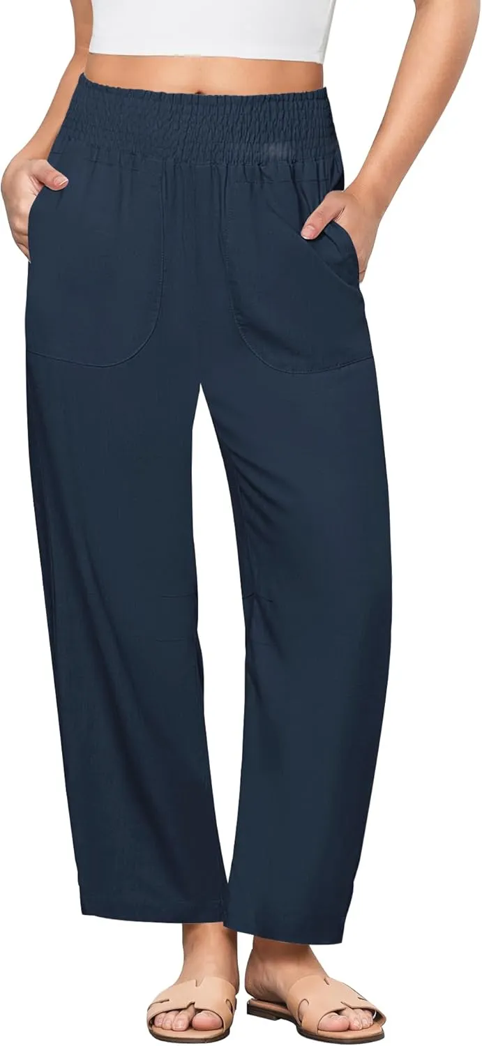 GRAPENT Linen Pants Women Wide Leg High Waisted Cropped Barrel Pull On Smocked Elastic Waist Summer Pants with Pockets