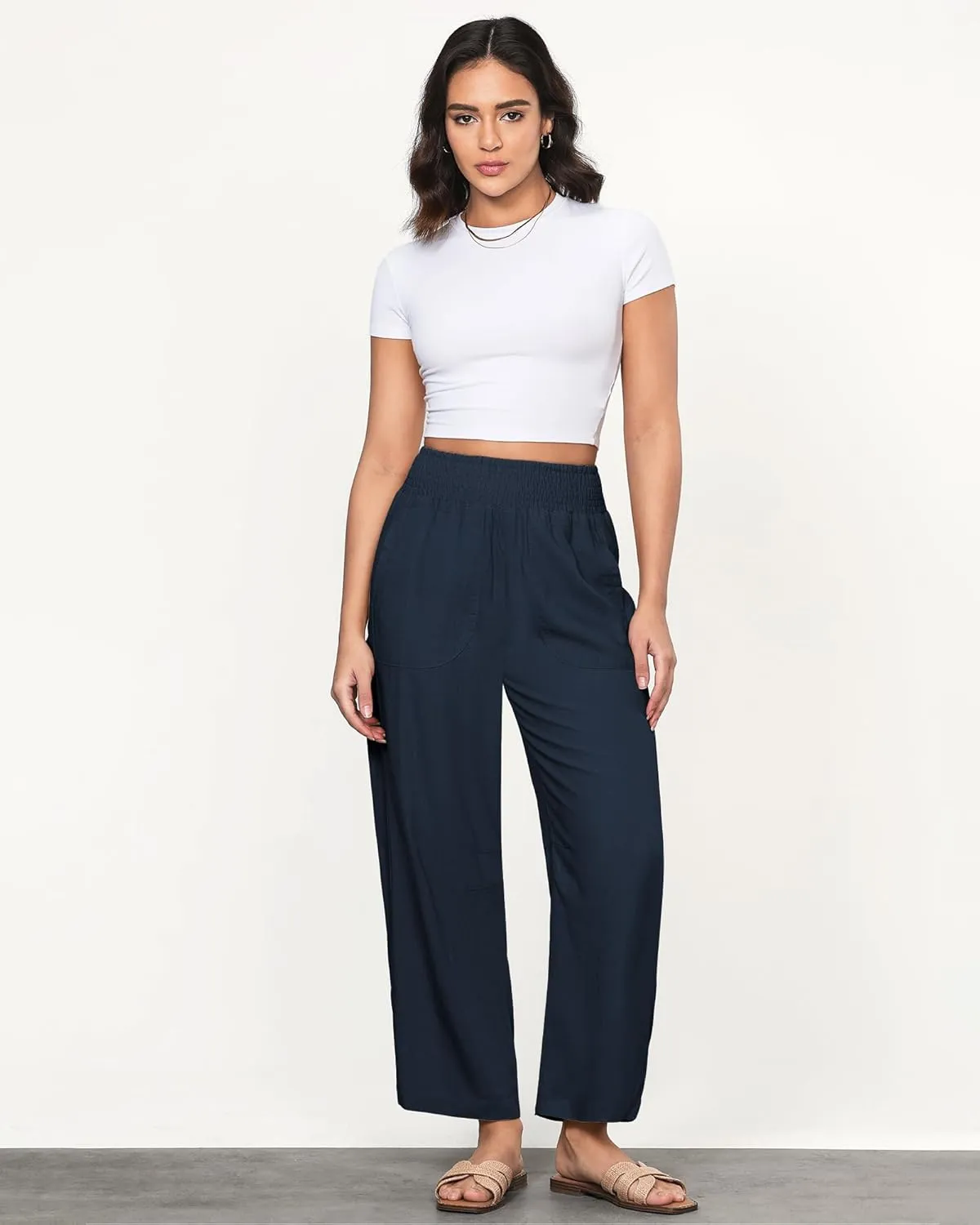 GRAPENT Linen Pants Women Wide Leg High Waisted Cropped Barrel Pull On Smocked Elastic Waist Summer Pants with Pockets
