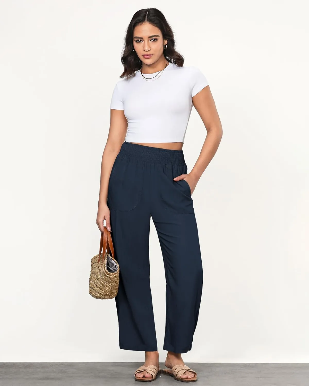 GRAPENT Linen Pants Women Wide Leg High Waisted Cropped Barrel Pull On Smocked Elastic Waist Summer Pants with Pockets