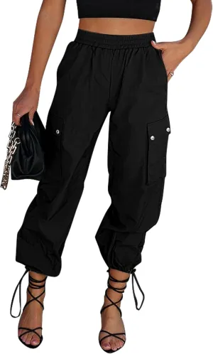 GRAPENT Womens Cargo Pants High Waisted Baggy Parachute Pants Elastic Waist Adjustable Drawstring Nylon Y2K Trousers