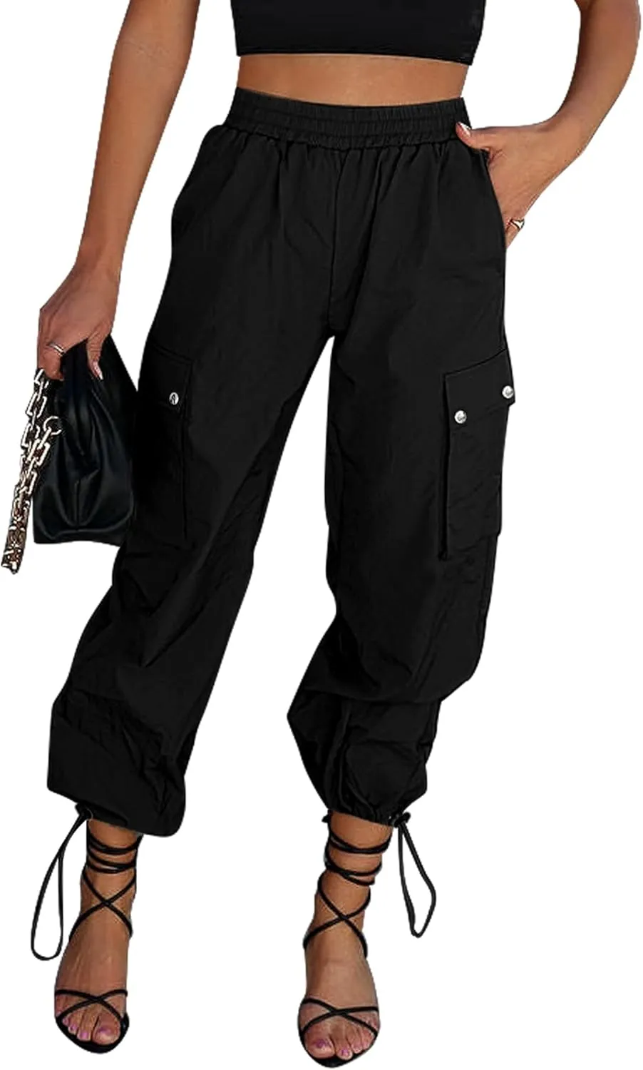 GRAPENT Womens Cargo Pants High Waisted Baggy Parachute Pants Elastic Waist Adjustable Drawstring Nylon Y2K Trousers