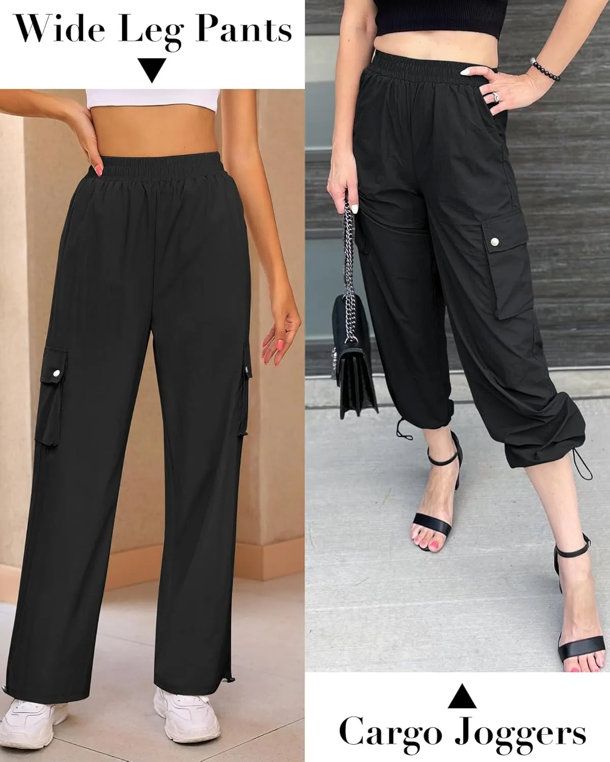 GRAPENT Womens Cargo Pants High Waisted Baggy Parachute Pants Elastic Waist Adjustable Drawstring Nylon Y2K Trousers