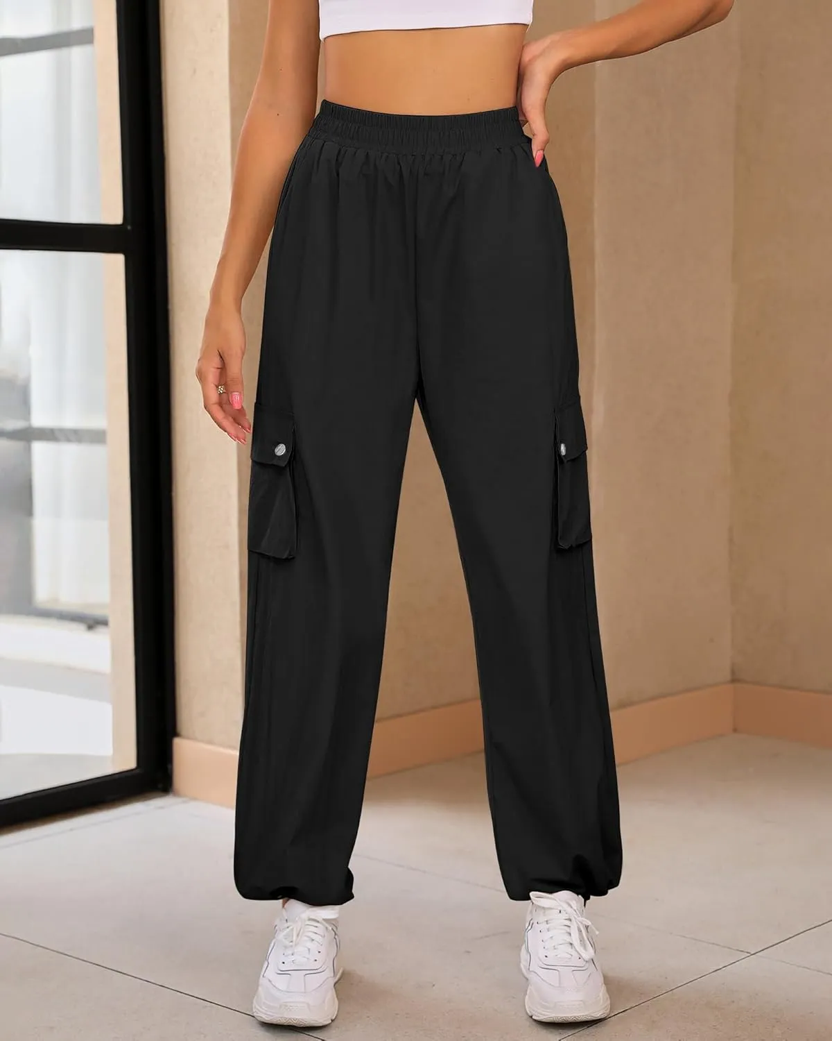 GRAPENT Womens Cargo Pants High Waisted Baggy Parachute Pants Elastic Waist Adjustable Drawstring Nylon Y2K Trousers