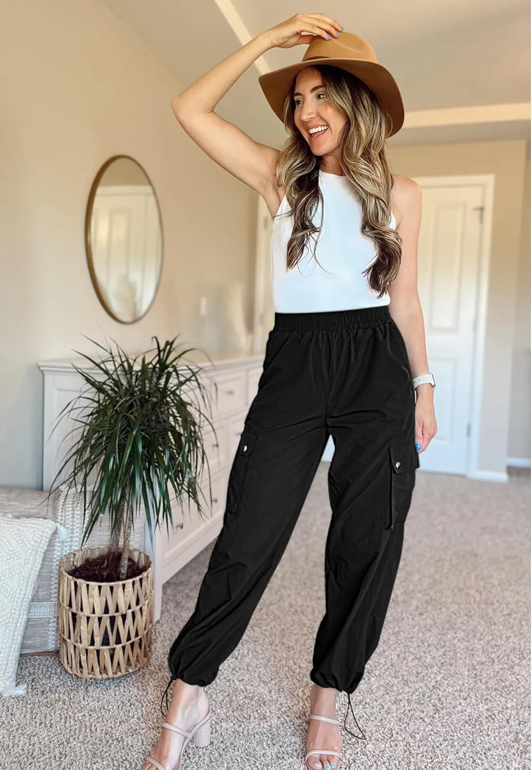 GRAPENT Womens Cargo Pants High Waisted Baggy Parachute Pants Elastic Waist Adjustable Drawstring Nylon Y2K Trousers