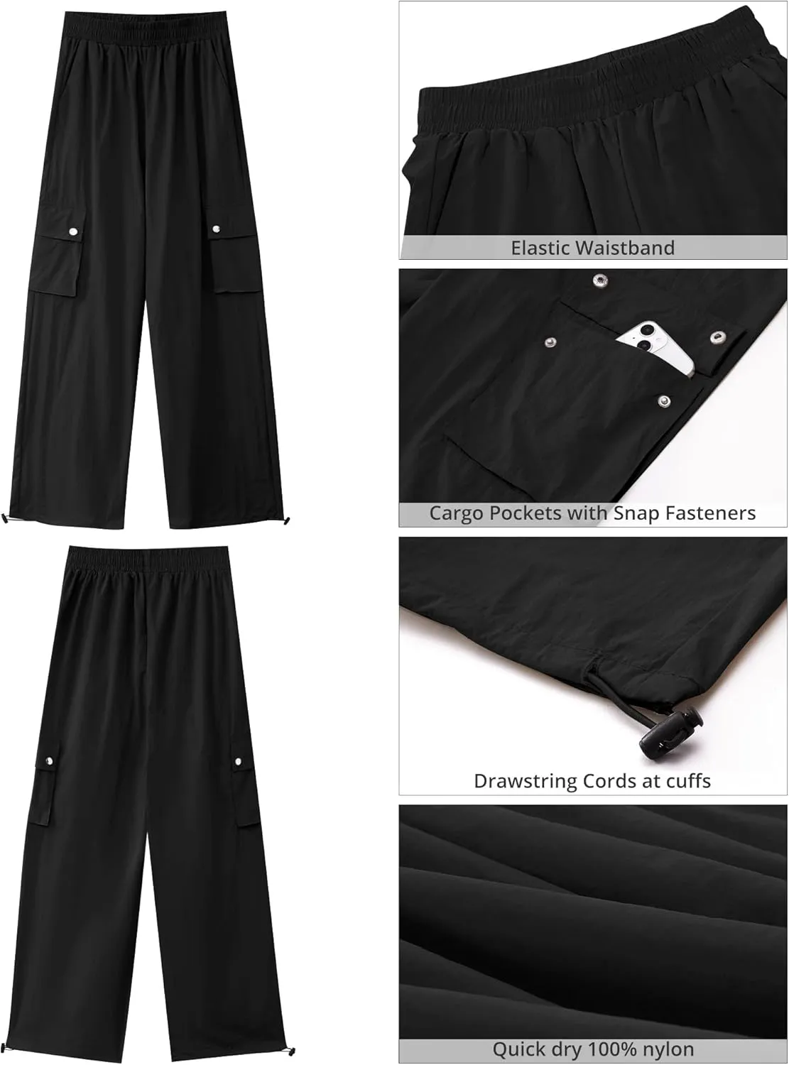 GRAPENT Womens Cargo Pants High Waisted Baggy Parachute Pants Elastic Waist Adjustable Drawstring Nylon Y2K Trousers
