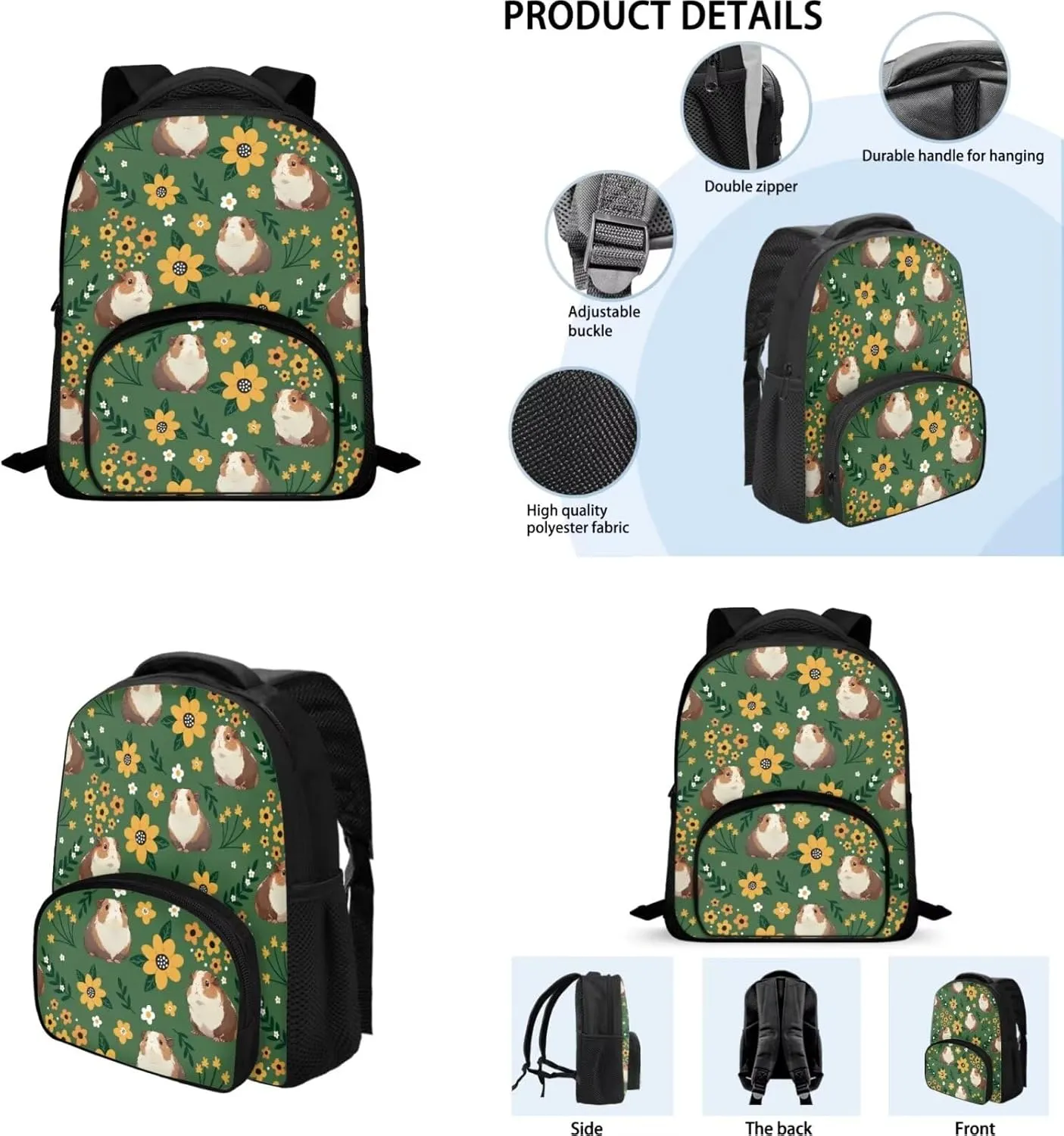Guinea Pig Girls Backpack and Lunch Box Set Preschool Bookbag Breathable Fabric Diaper Backpack with Ergonomic Straps 3 in 1 Casual Lunch Bag Insulated