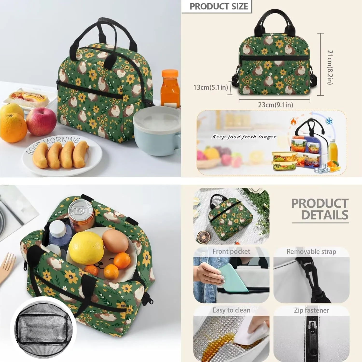 Guinea Pig Girls Backpack and Lunch Box Set Preschool Bookbag Breathable Fabric Diaper Backpack with Ergonomic Straps 3 in 1 Casual Lunch Bag Insulated